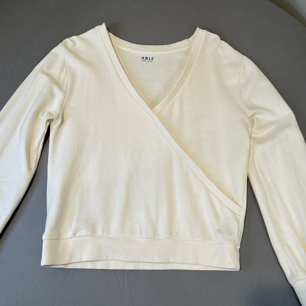 ABLE Tracy Wrap Small Sweatshirt Top in Antique White V Neck Long Sleeve - Picture 4 of 9